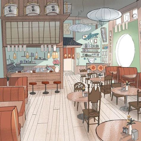 #Disney #bh6 early idea for the cafe! http://ift.tt/1xu6tTR pic.twitter.com/a5aG8MMI3C Victoria Ying, Art Demo, Bg Design, Disney Concept Art, Background Drawing, Cafe Art, Interior Illustration, Sushi Bar, The Cafe