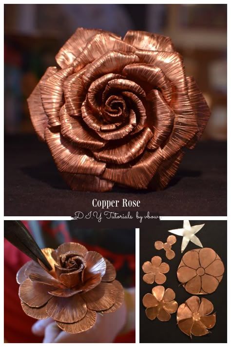 Easy Copper Rose DIY Tutorial Copper Diy Projects, Copper Projects, Copper Jewelry Diy, Lon Bia, Copper Ideas, How To Make Metal, Copper Flowers, Copper Wire Crafts, Rose Diy