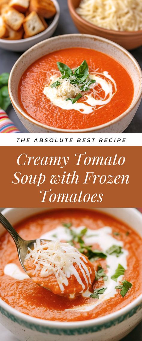 Image for Creamy Tomato Soup with Frozen Tomatoes Crock Pot Tomatoes Soup, Frozen Tomato Soup, Frozen Tomato Soup Recipes, Homemade Tomato Soup From Frozen Tomatoes, Tomato Soup From Frozen Tomatoes, Tomato Soup With Frozen Tomatoes, Frozen Tomatoes What To Do With, Tomatoe Soup Homemade Fresh Tomatoes, Tomato Soup With Tomato Sauce