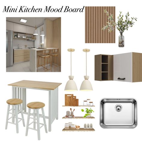 A minimalist mini kitchen idea is all about simplicity and functionality. It features clean lines, a limited color palette, compact appliances, and uncluttered surfaces. This design focuses on essential elements, eliminating unnecessary decorations to create a clean and organized kitchen with a streamlined and modern aesthetic. Compact Appliances, Kitchen Mood Board, Mini Kitchen, Kitchen Organization, Mood Boards, Mood Board, Color Palette, Design