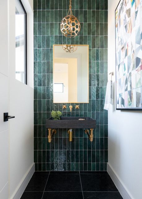 Bold Powder Room, Green Powder Room, Powder Room Tile, Powder Room Inspiration, Contemporary Powder Room, White Baseboards, Modern Powder Room, Half Bath Remodel, Powder Room Remodel