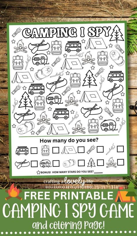 Camping Printables For Preschool, Camping I Spy Printable, C Is For Camping Craft, Camping Themed Math Activities, Camp Kindergarten Activities, Math Camping Activities, Kids Camping Party Games, Camp Theme School Activities, Camp Out Day Kindergarten