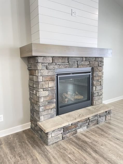 White Ledger Stone Fireplace, Shiplap Rock Fireplace, Rock Fireplace With Shiplap, Fusion Stone Fireplace, Half Rock Fireplace, Fireplace Shiplap And Stone, Shiplap And Rock Fireplace, Partial Stone Fireplace, Shiplap Above Stone Fireplace