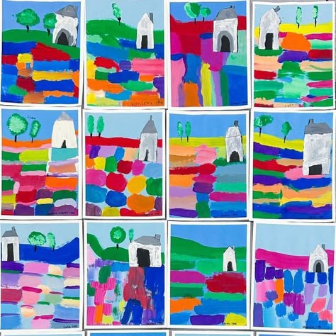 Megan D. Ernst on Instagram: "First Grade’s Anna Blatman inspired Landscapes!! So Gorg!! ❤️ Swipe for skills learned. #elementaryartteacher #elementaryart #artteacher #artteachersofinstagram #artteacherlife #annablatman #annablatmaninspired #firstgradeart" Art For 1st And 2nd Grade, Anna Blatman Art Lesson, Art Class Painting Ideas, Anna Blatman Art, Art For First Grade, Grade 1 Art Ideas, First Grade Art Lessons, First Grade Art Projects, Art Grade 1