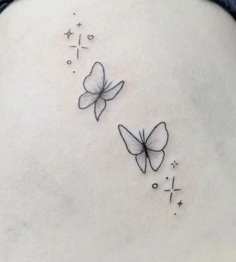 Fairy Dust Tattoo, Fairy Butterfly Tattoo, Princess And The Pauper Tattoo, Pixie Dust Tattoo, Fairy Dust Tattoo Stars, Fairy Patch Work Tattoo, Tiny Butterfly Tattoo With Stars, Butterfly Fairy Tattoo, Butterfly Tattoo Sparkles