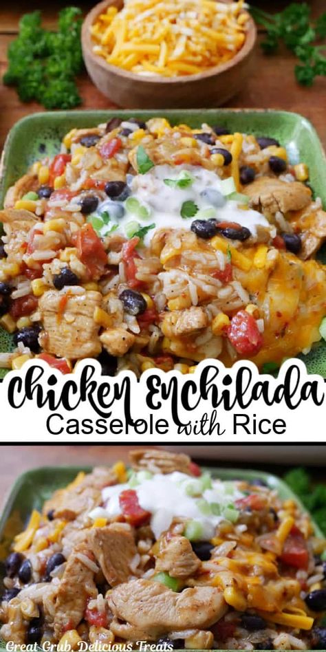 Chicken Enchilada Casserole with Rice Enchilada Casserole With Rice, Casserole With Rice, Black Beans Rice, Enchilada Rice, Easy Chicken Enchilada Recipe, Chicken Enchilada Casserole Recipe, Chicken Enchilada Bake, Zesty Chicken, Yummy Casserole Recipes