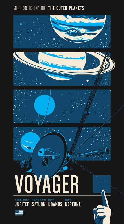 Historic Robotic Spacecraft Poster Series by Chop Shop. Poster #1: Voyager Retro Space Posters, Space Travel Posters, Space Posters, Art Spatial, Outer Planets, Graphisches Design, Retro Space, Space Stuff, 카드 디자인