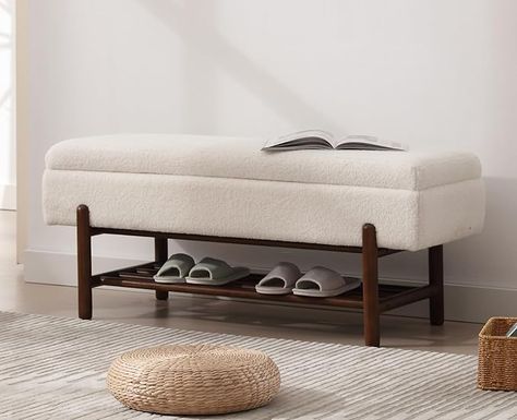 Amazon.com - Shunzhi Modern Entryway Bench Upholstered Flip-Top Shoe Storage Bench Sherpa Ottoman Bench End of Bed Bench with Wood Frame/Shelf for Living Room/Bedroom/Hallway,46.5 Inches,Faux Fur,Cream - Table Benches Bench In Walk In Closet, End Of Bed Shelf, Storage Bench For Entryway, Modern Entryway Bench With Shoe Storage, Entry Bench Storage, Bedroom With Ottoman Bench, Shoe Rack And Bench, Bedroom Storage Bench Ideas, Shoe Bench With Storage