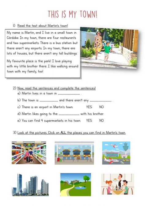 My Town Activities, First Grade Reading Comprehension, Reading Comprehension For Kids, Reading Comprehension Lessons, Better English, Reading Test, English Worksheet, Learning English For Kids, Activities For Students