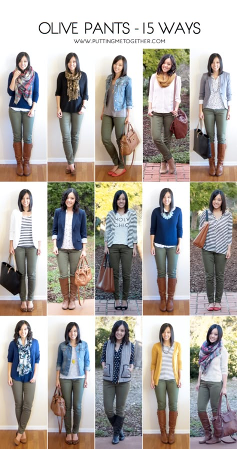 How to Wear Olive Skinny Jeans - 15 Ways - Putting Me Together Olive Pants Outfit, Mode Ab 50, Hiking Hairstyles, Olive Pants, Spring Hiking, Olive Green Pants, Hiking Quotes, Hiking Fashion, Traje Casual