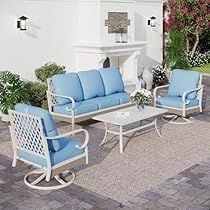 Metal Outdoor Furniture, Furniture Sofa Set, Patio Sofa Set, Outdoor Furniture Sofa, Outdoor Patio Furniture Sets, Wicker Decor, Blue Sofa, Blue Cushions, Patio Sofa