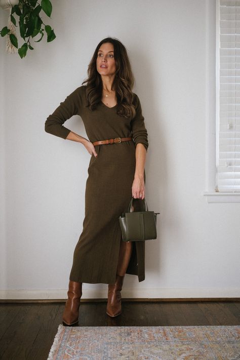 Five Ways To Style A Knit Dress - Stitch & Salt Black Dress Brown Boots, Ribbed Dress Outfit, Brown Ankle Boots Outfit, 2022 Fall Style, Knitted Dress Outfit, Stylish Capsule Wardrobe, Brown Knit Dress, Brown Boots Outfit, Fall Dressing