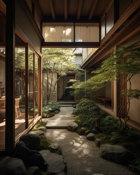 Transitional Japanese interior design concepts✨🤍 Filled with natural materials and natural sunlight! Want your space designed? Let us help! More information on our website, link in bio! #interiordesign #interior Outdoor Spaces Ideas, Patio Landscape Design, Outdoor Patio Ideas Backyards, Japanese Style Garden, Japanese Garden Landscape, Zen Interiors, Japanese Home Design, Japanese Style House, Outdoor Space Design