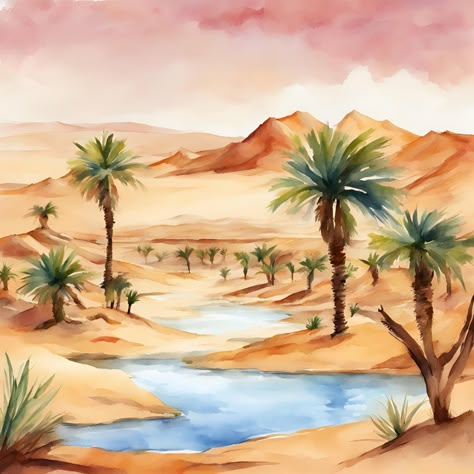 Where mirages meet reality: Oasis. 🌴 https://prismplay.etsy.com #desertbeauty #wallart #natureinspired #printableart #printables #templates Painting Desert Landscape, Oasis Drawing, Oasis Painting, Oasis Aesthetic, Desert Drawing, Watercolor Indian, Desert Landscape Art, Camels Art, Water Colour Art