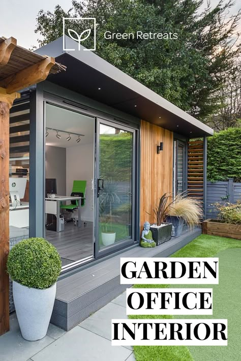 Garden Design Office, Garden Office Ideas Workspaces, Modern Garden Buildings, Outside Room Ideas Backyards, Garden Home Office Interiors, Outside Studio Ideas, Outbuilding Office Ideas, Garden Office And Shed, Garden Office With Pergola