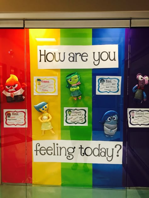 Inside Out bulletin board using plush figures purchased at Walmart! Inside Out Bulletin Board, Counseling Bulletin Boards, Fall November, Zones Of Regulation, Disney Classroom, Elementary Counseling, Elementary School Counseling, Counseling Office, School Social Work