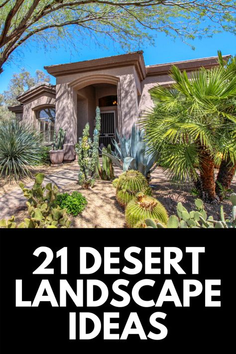 If you live in a hot climate, it can be a task trying to find plants that can withstand the heat. Here, we share 21 of the most beautiful desert landscape ideas to transform your arid yard! Read more at OwnTheYard.com! Xeroscaping Backyard, Desert Landscape Ideas, Arizona Landscape Design, Lawn Free Yard, Southwest Landscaping, Arizona Backyard Landscaping, Desert Landscaping Backyard, Desert Landscape Design, Xeriscape Plants