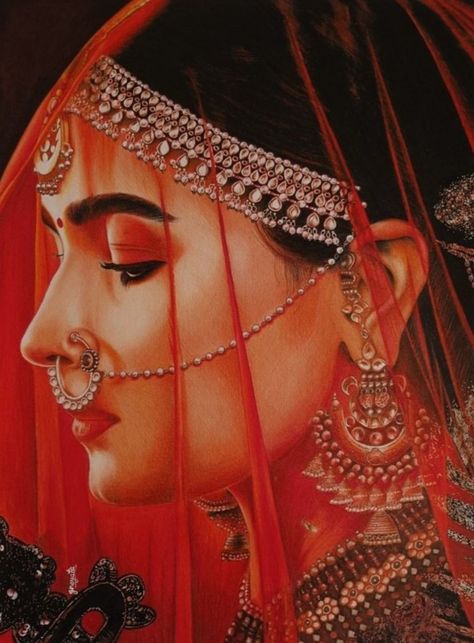 Potrait Rangoli Designs, Alia Bhatt Bridal Look, Alia Bhatt Drawing, Acrylic Painting Of Women, Alia Bhatt Sketch, Roop Kalank, Kalank Movie, Portrait Rangoli, Bride Fashion Illustration