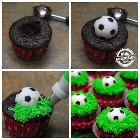 Easy soccer cupcakes. Great for a sports themed birthday party! Soccer Treats, Soccer Cupcakes, Soccer Snacks, Soccer Theme Parties, Soccer Cake, Soccer Birthday Parties, Sports Theme Birthday, Cupcake Tutorial, Sport Cakes