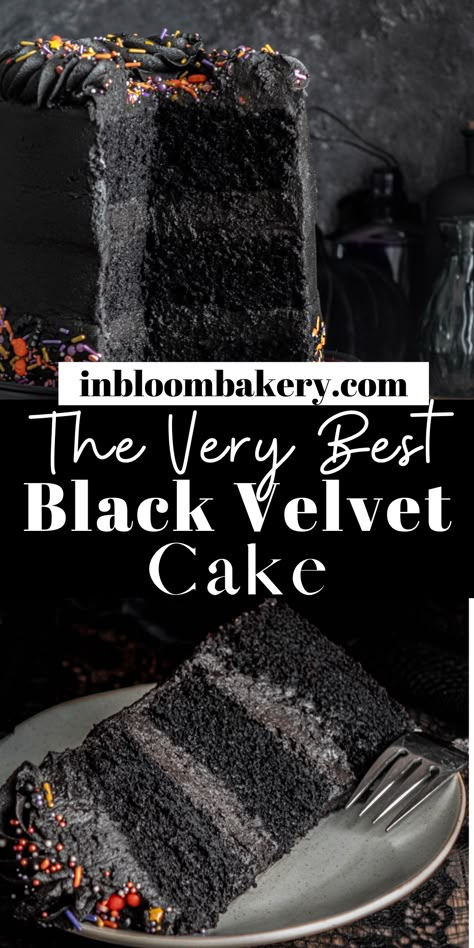 Rich, chocolatey black velvet Halloween cake has a deep chocolate flavor and moist, velvety texture. It's filled and frosted with black cocoa buttercream for a true, decadent chocolate pairing! It's scary good! Spooky Black Velvet Cake, Beetlejuice Dessert Ideas, Black Velvet Cake Recipe, Black Velvet Cake, Black Velvet Cakes, Spooky Halloween Cakes, In Bloom Bakery, Velvet Desserts, Bloom Bakery