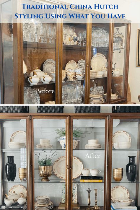 Style Dining Room Shelves, Wallpaper Inside China Cabinet, Modern China Cabinet Display Ideas, Decorating China Cabinet Display, Hutch Lighting, China Cabinet With Wallpaper, Dining Hutch Decor, Modern China Cabinet Display, How To Style A Hutch