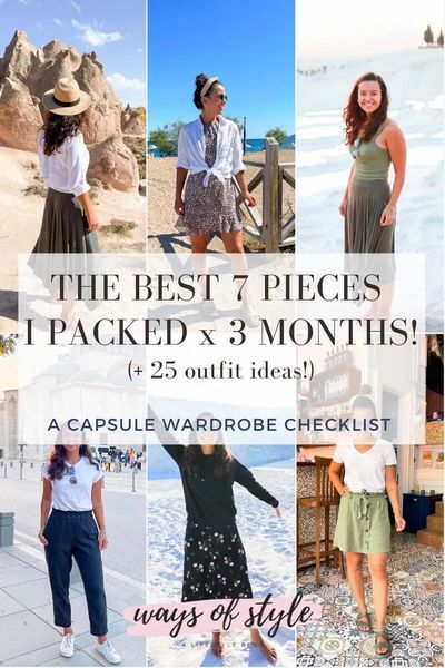 Capsule wardrobes are so useful & a great way to start with minimalism. I took the plunge on that lifestyle over a year ago and right now, I live out of a suitcase! We’ve been in Turkey for almost 3 months and based on what I packed I feel qualified to write this capsule wardrobe checklist. Plus 25+ outfit ideas! Hope these 7 capsule wardrobe essentials will inspire you to start living with less things and maximize every single piece you have in your closet! | Ways of Style | #capsulewardrob 3 Months Travel Capsule Wardrobe, Capsule Suitcase Summer, 3 Month Capsule Wardrobe, Packing Wardrobe Capsule, Packing A Capsule Wardrobe, Capsule Wardrobe Packing Summer, How To Pack A Capsule Wardrobe, Capsule Wardrobe For Humid Weather, Packing Carry On Only For Women Summer