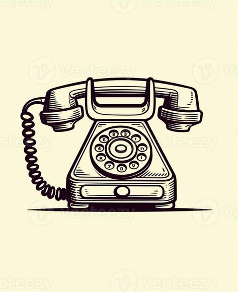 Classic Telephone Vector Illustration Vintage Telephone Illustration, Telephone Drawing Sketch, Vintage Telephone Drawing, Rotary Phone Drawing, Vintage Phone Drawing, Rotary Phone Tattoo, Vintage Telephone Aesthetic, Old Phone Drawing, Telephone Sketch