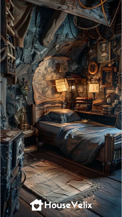 Pirate Cabin Bedroom, Pirate Captain Quarters, Shipwreck Interior, Pirate Aesthetic Bedroom, Pirate Bedroom Aesthetic, Brown Map Aesthetic, Pirate Decor Interior Design, Pirate Theme Bedroom, Pirate Ship Interior