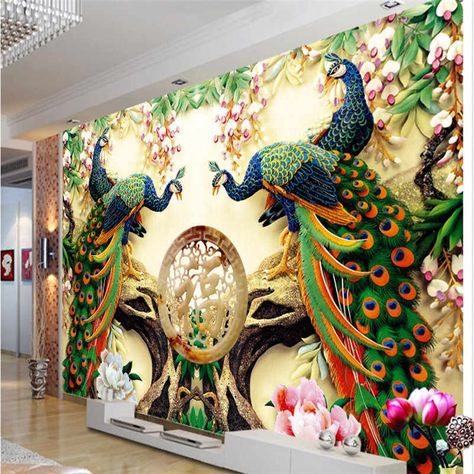 Peacock Living Room, China Wallpaper, Large Wall Paintings, Wallpaper Walls Bedroom, Peacock Wallpaper, 3d Wall Painting, 3d Wallpaper For Walls, Modern Mural, Peacock Wall Art