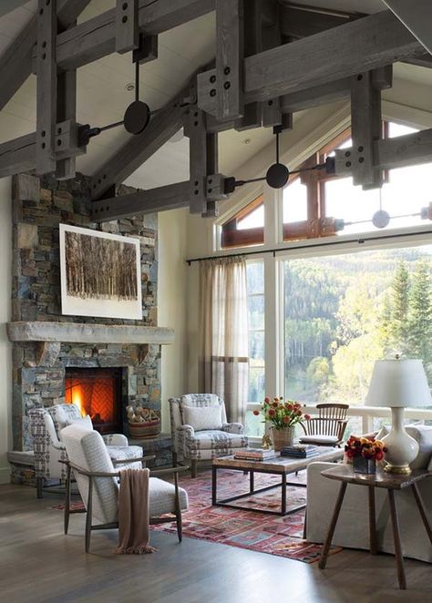 This stunning rustic-modern vacation home is located in Deer Valley, Utah, designed by the talented interiors studio Massucco Warner Miller Interior Design. Mountain Home Living Room, Warm Living Room Decor, Ski Lodge Style, Art Teen, Living Room Decor Rustic, Living Room Warm, Furniture Placement, Deer Valley, Ski Lodge