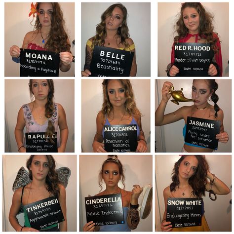 Princess In Jail Halloween Costume, Princesses In Jail Costume, Disney Princess Jail Costume, Disney Princess Mugshots Costume, Princesses Gone Bad Costume, Princess Jail Halloween Costume, Halloween Jail Costume, Jail Break Costume, Fairy Group Costume