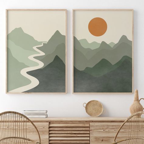 Boho Scenery, Wal Art, Modern Printable Wall Art, Earth Colors, Boho Painting, Green Paintings, Green River, Minimalist Painting, Mountain Wall Art