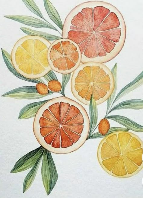 Watercolour Fruit Painting, Watercolor Plants Simple, Fruits Watercolor Painting, Watercolor Art Fruit, Draw Lemon, Citrus Painting, Watercolor Fruits, Fruit Watercolor, Watercolor House Painting