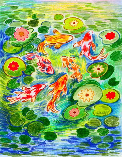 Koi Fish Colored Pencil, Pen Drawing Color, Color Pencil Easy Drawing, Yumi In Color, Oil Pastel And Colored Pencil, Art Ideas Colored Pencils, How To Color Water With Colored Pencils, Pencil Art Drawings Colour, How To Draw A Koi Fish