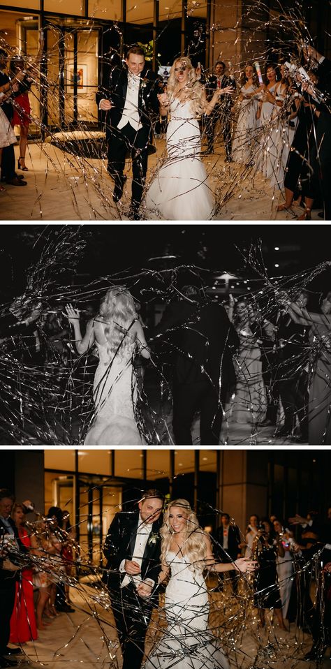 Bride and groom leaving Park Cities Club Dallas Wedding through silver streamers Streamer Confetti Wedding, Bride And Groom Leaving Ideas, Wedding Exit Sparkler Alternatives, Indoor Wedding Send Off, Streamer Send Off Wedding, Confetti Streamers Wedding, Streamer Wedding Send Off, Streamers Wedding Send Off, Night Club Wedding Reception