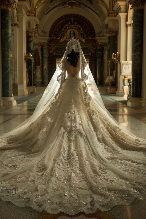 Mermaid Wedding Dress With Flowy Sleeves, Wedding Dresses Royalcore, Big Long Wedding Dresses, Backless Ball Gown Wedding Dress, Modest Wedding Dresses Aesthetic, Princess Wedding Dress Aesthetic, Cathedral Wedding Dresses, Royal Wedding Veil, Royal Weddings Aesthetic