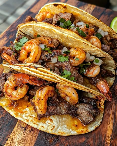 Steak Shrimp Tacos, Shrimp And Bacon Tacos, Clean Eating Shrimp Tacos, Steak And Shrimp Burrito Recipe, Taco Recipes Steak, Steak Shrimp Potatoes, Steak Tacos On Blackstone, Surf Turf Dinner Recipes For, Steak N Shrimp Recipes