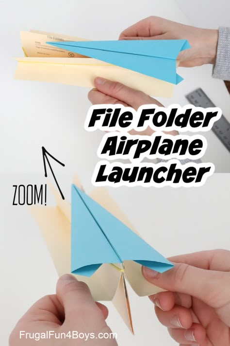 File Folder Paper Airplane Launcher - Fun DIY toy and STEM activity for kids! Use a file folder and a rubber band to make a cool paper airplane launcher. Paper Airplane Activities For Kids, Paper Plane Shooter, Airplane Launcher Craft, How To Make A Paper Airplane, Diy Paper Airplanes, Paper Airplane Shooter, Dollar Tree Airplane Activities, Stem Airplane, Paper Airplanes How To Make