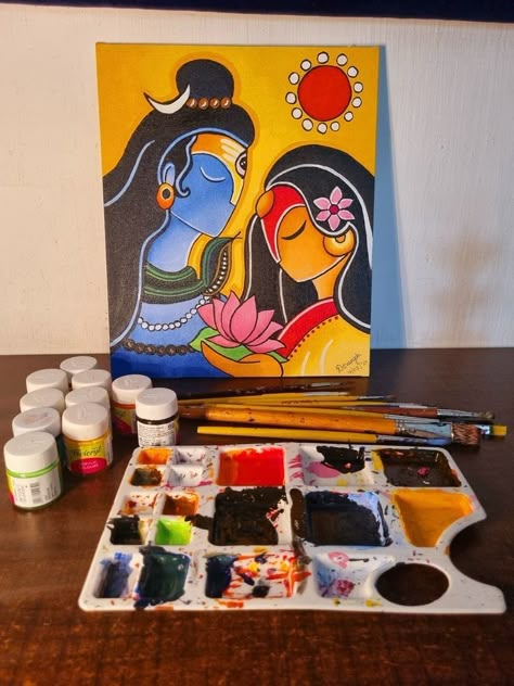 Drawing Ideas For Art Exhibition, Easy Indian Paintings, Shiv Parvati Drawing Easy, Multi Canvas Painting Ideas, Shiv Parvati Painting, Shiv Painting, Canvas Art Painting Abstract, Shiv Parvati, Diy Photo Book