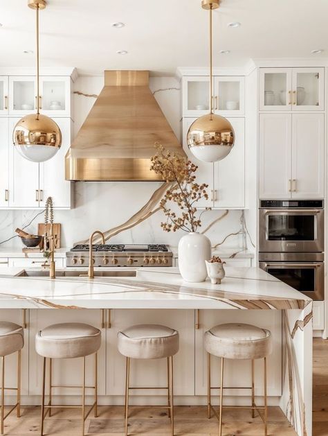 Kitchen With White And Gold Appliances, Gold Accent Kitchen, Kitchen Ideas Elegant, Topanga House, White And Gold Kitchen Ideas, Modern Chic Kitchen, White Gold Kitchen, Luxury White Kitchen, White And Gold Kitchen