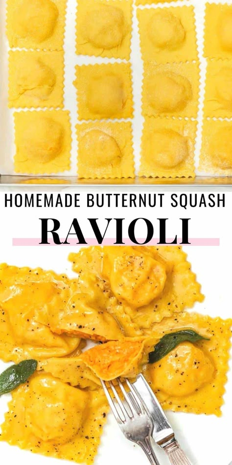 Butternut squash ravioli are soft and delicious pasta pillows filled with incredible butternut squash, ricotta, and parmesan filling.We'll show you with easy steps how to make your own butternut squash ravioli from scratch. You'll be surprised how easy they are to put together. Wonton Ravioli, Butternut Squash Ricotta, Squash And Ricotta, Ravioli From Scratch, Ravioli Recipe Homemade, Squash Ravioli, Gf Pasta, Ricotta Filling, Pumpkin Ravioli