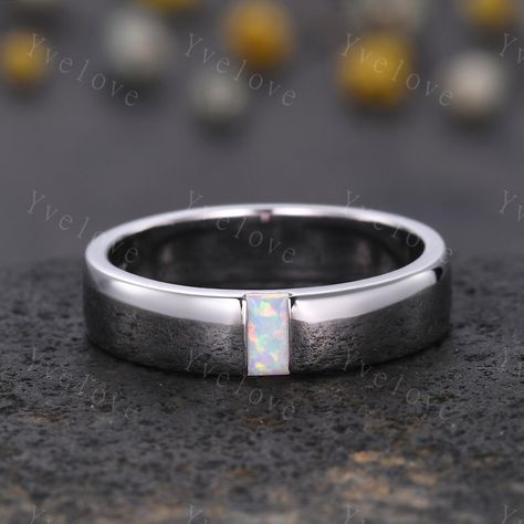 Mens White Opal Wedding Band Baguette Cut Opal Plain Band 5mm White Gold Ring Mens Solitaire Stacking Matching Band Retro Vintage Ring Gift,Anniversary Ring Gift for mens,father's gift, ,bridegroom ring, boyfriend gift,husband gift ITEM SPECIFICATIONS:  Material:925 sterling silver ,rose gold plated,yellow gold plated,white gold plated Solid gold (10k 14k 18k rose gold,yellow gold,white gold available) Platinum Main stone: 5x2.5mm baguette cut lab created white fire opal band width:5mm Size and Opal Male Wedding Band, Mens Wedding Bands With Opal, Plain Silver Ring, Mens Wedding Rings Unique, Baguette Wedding Band, Plain Silver Rings, Opal Wedding Band, Simple Wedding Bands, Opal Wedding