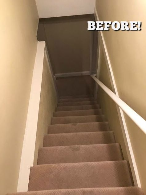 Decorating Closed Stairway Walls, Ledge On Staircase, Above Stairwell Decor, Narrow Stairs Decor, Stairway To Basement Decorating, How To Brighten A Dark Stairwell, Shiplap Basement Stairwell, Stairwell Ideas Basement, Closed Stairway Ideas