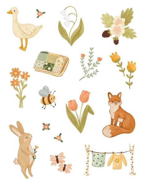 Spring Cute Drawings, Draw Spring Ideas, Cute Drawings Plants, Vintage Cute Illustration, March Illustration Month, Cute Spring Stickers, Spring Sticker Sheet, Spring Animals Drawing, Cute Spring Illustration