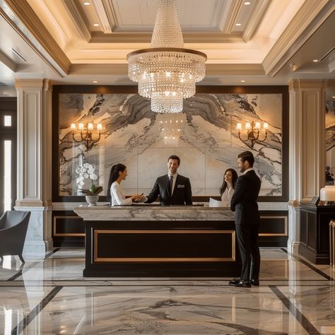 Elegant Hotel Lobby: Guests being greeted by a receptionist at a luxurious hotel lobby with an opulent chandelier. #hotel #lobby #reception #chandelier #marble #aiart #aiphoto #stockcake ⬇️ Download and 📝 Prompt 👉 https://stockcake.com/i/elegant-hotel-lobby_433215_211382 Lobby Reception Design Entrance, Modern Art Deco Hotel Lobby, Marble Lobby Design, Hotel Reception Ceiling Design, Modern Luxury Hotel Lobby, Beautiful Hotel Lobby, Luxury Hotel Decor, Hotel Reception Design Luxury, Five Star Hotel Lobby