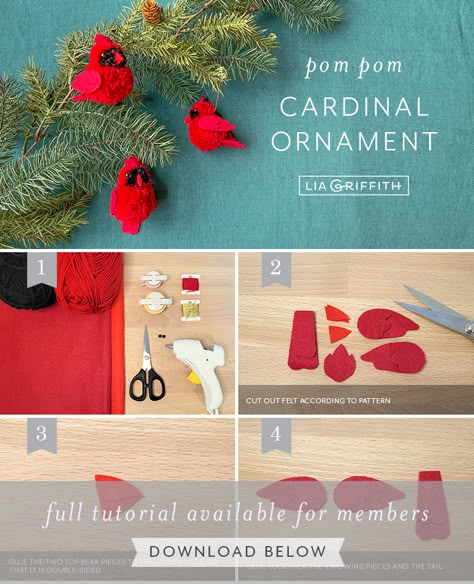 Pom-Pom Cardinal Ornament DIY Tutorial - Lia Griffith Cardinal Ornament Diy, Bird Ornaments Diy, Diy For Mom, Table Gifts, Christmas Ornament Diy, Felt And Embroidery, Cardinal Ornaments, Summer Camp Crafts, Bird Party