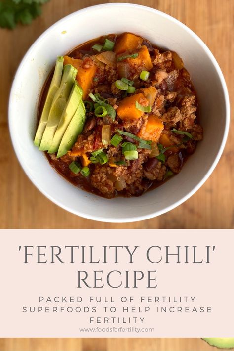 Fertility Chili Recipe to Increase Fertility and IVF Success - Foods for Fertility Nutrient Dense Chili, Fertility Boosting Dinners, Fertility Chili Recipe, Dinner Recipes For Fertility, Healthy Fertility Snacks, Fertility Meals Trying To Conceive, Fertility Dinner Ideas, It Starts With The Egg Fertility Recipes, Foods To Help Fertility Trying To Conceive