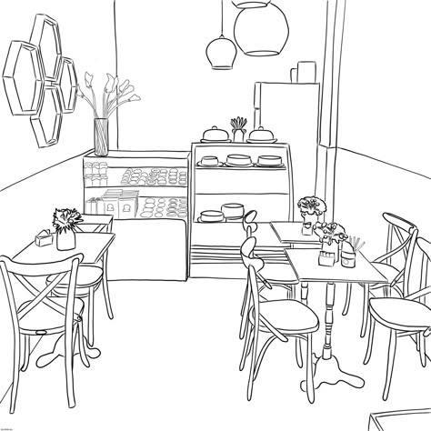 Cafe interior drawing Cafe Sketch Interior, Cafe Interior Painting Ideas, 2 Point Perspective Drawing Interior Cafe, Coffee Shop Interior Design Drawing, Cafe Drawing Interior, Bakery Perspective Drawing, Coffee Shop Design Drawing, Bakery Drawing Illustration, Cafe Drawing Aesthetic