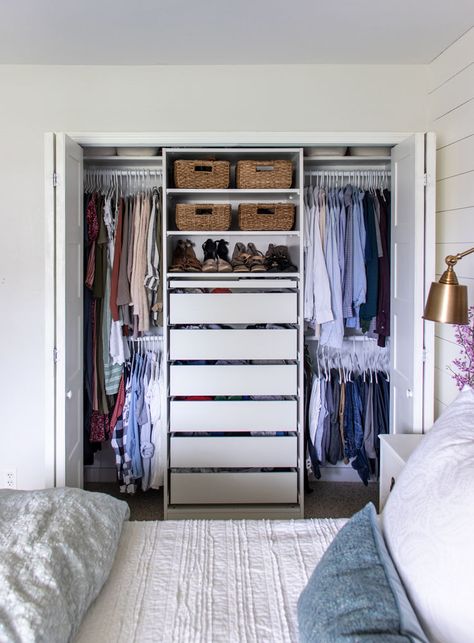 Small Closet Remodel, Small Closet Makeover, Small Master Closet, Small Closet Design, Ikea Pax Closet, Pax Closet, Closet Small Bedroom, Blue Interiors, Organized Closet