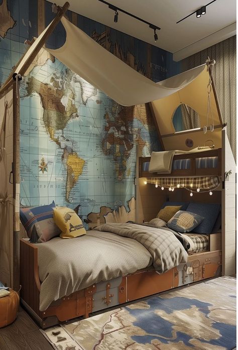 Boys Explorer Bedroom, Explorer Bedroom, Kids Beds For Boys, Teenager Bedroom Design, Boy's Rooms, Kids Bed Design, Children's Bedroom Ideas, Camping Stuff, Teenage Bedroom